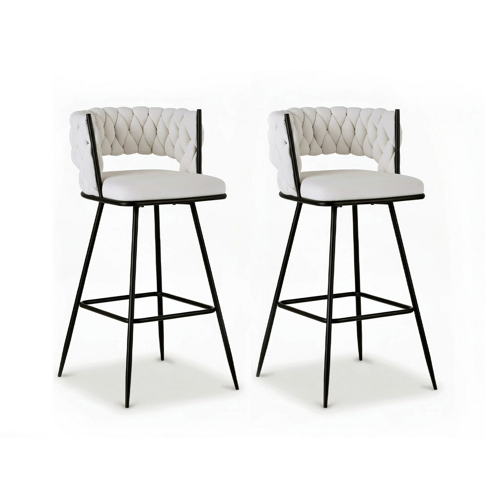 Velvet Bar Stools Set of 2 – Woven Design, Ivory Metal Frame