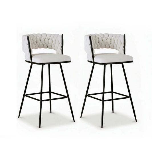 Velvet Bar Stools Set of 2 – Woven Design, Ivory Metal Frame
