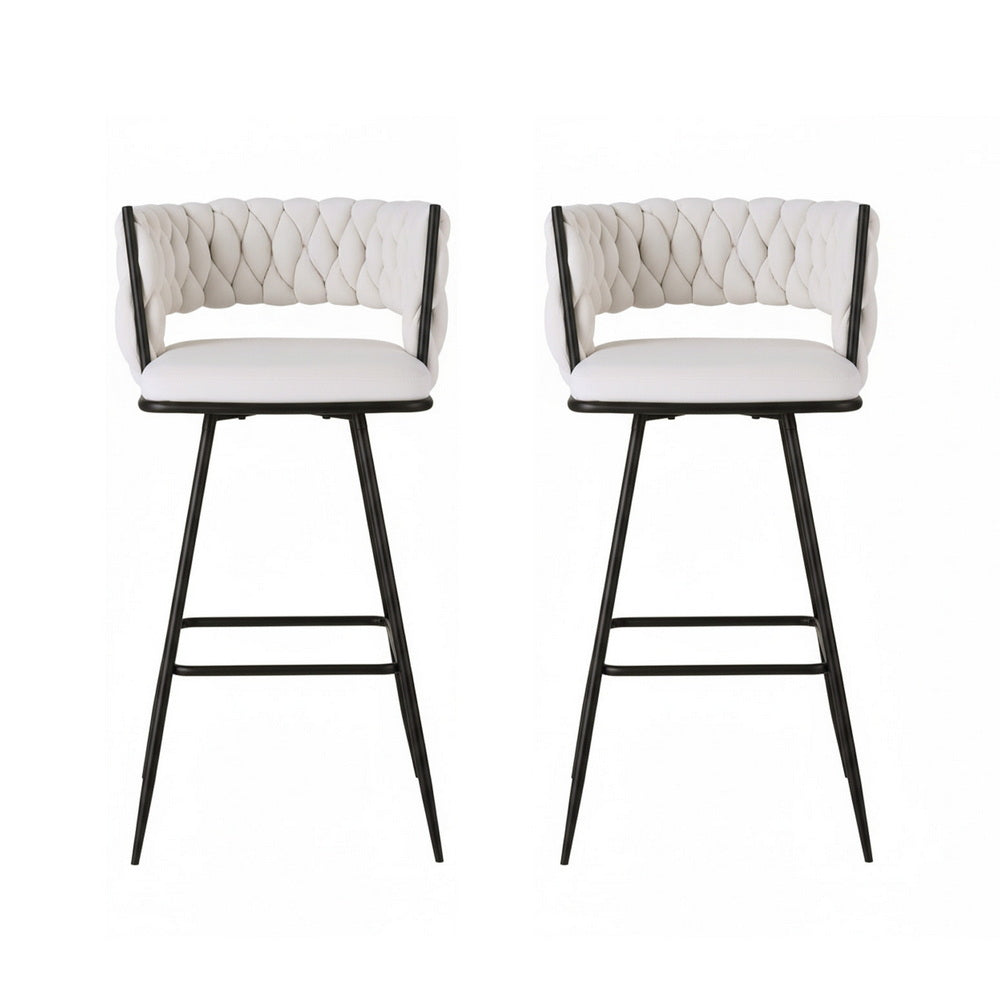 Velvet Bar Stools Set of 2 – Woven Design, Ivory Metal Frame
