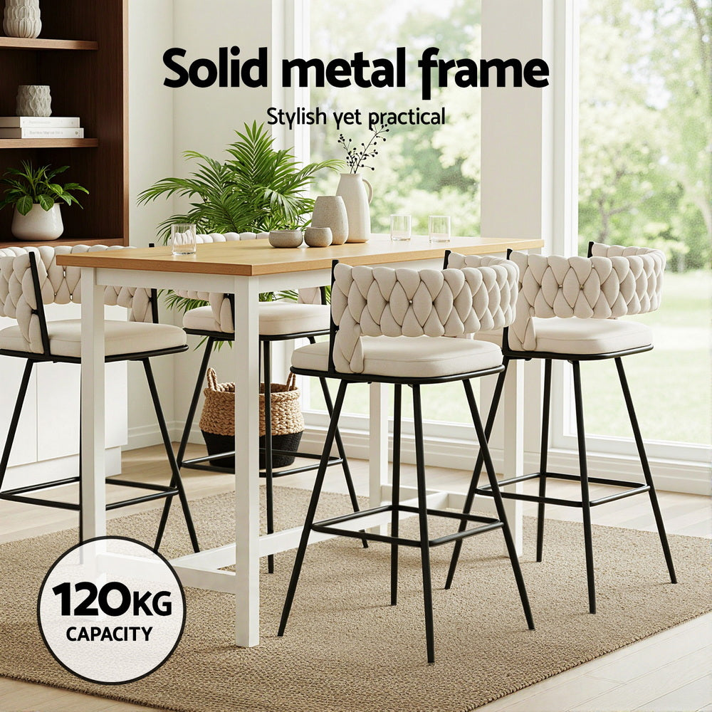 Velvet Bar Stools Set of 2 – Woven Design, Ivory Metal Frame