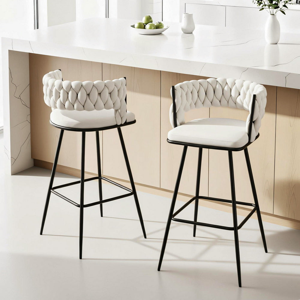 Velvet Bar Stools Set of 2 – Woven Design, Ivory Metal Frame
