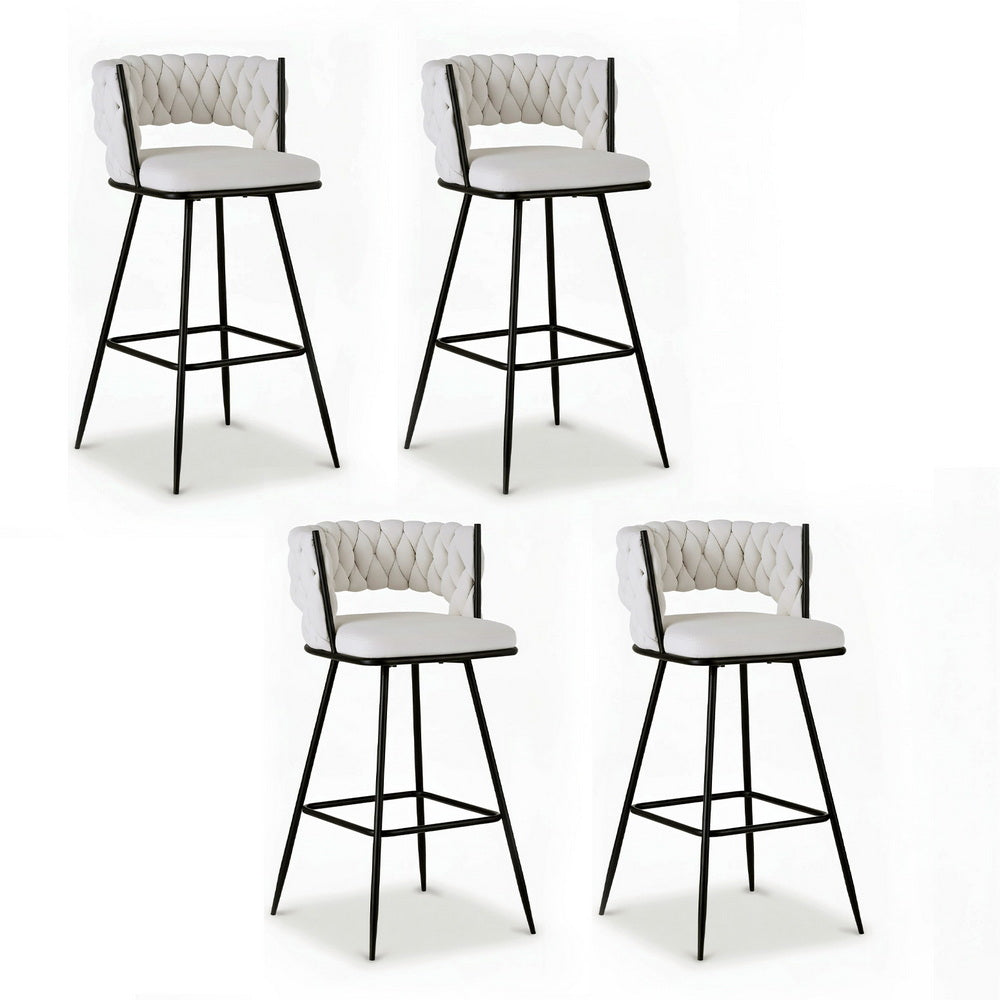 Velvet Bar Stools Set of 4 – Woven Design, Ivory Metal Frame