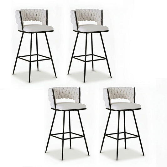 Velvet Bar Stools Set of 4 – Woven Design, Ivory Metal Frame