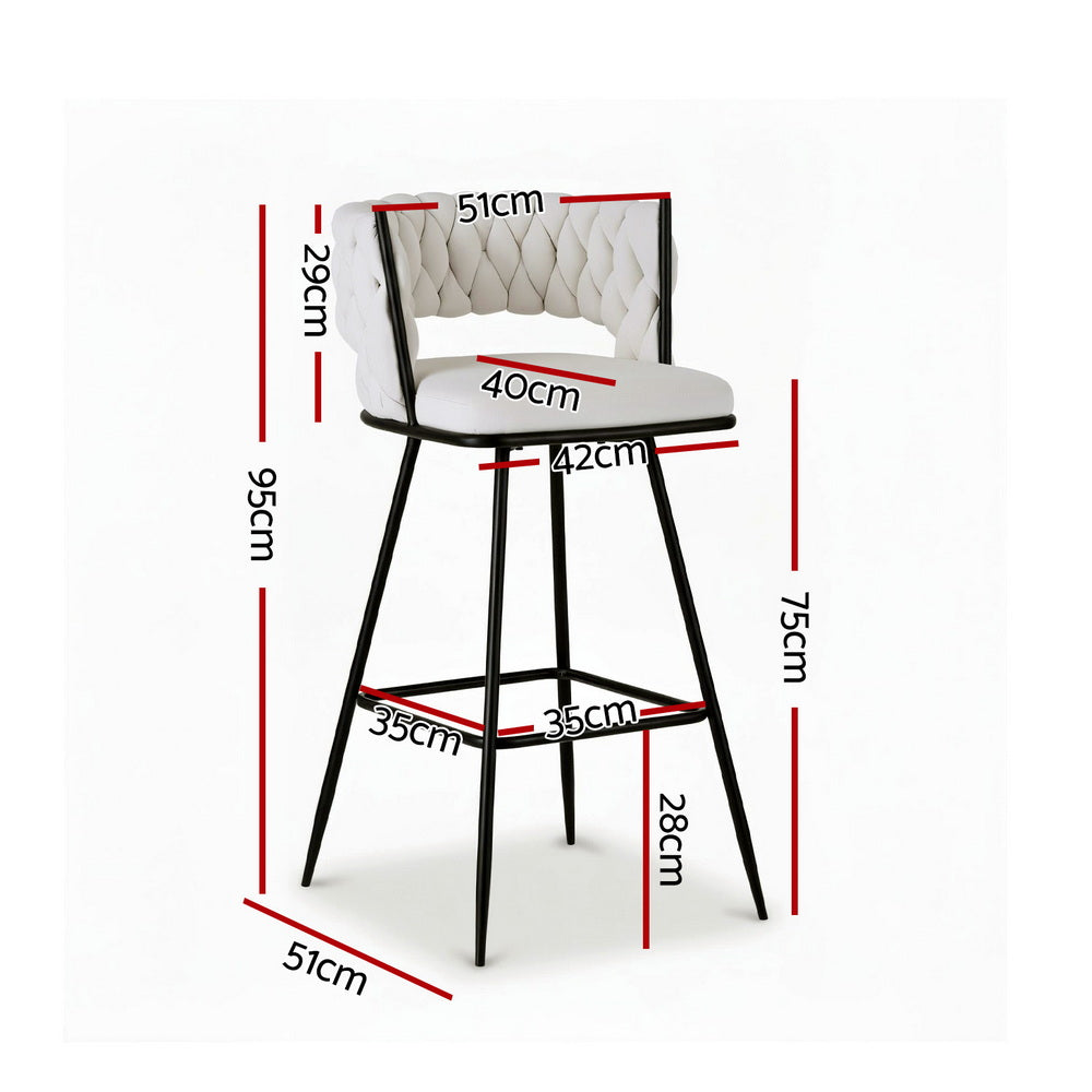 Velvet Bar Stools Set of 4 – Woven Design, Ivory Metal Frame