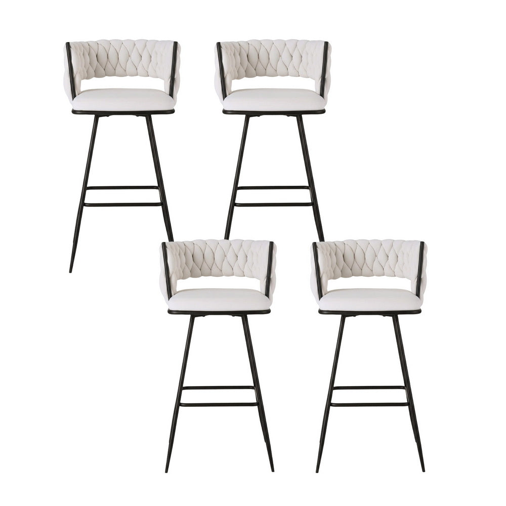 Velvet Bar Stools Set of 4 – Woven Design, Ivory Metal Frame