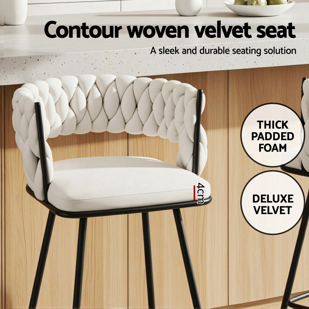 Velvet Bar Stools Set of 4 – Woven Design, Ivory Metal Frame