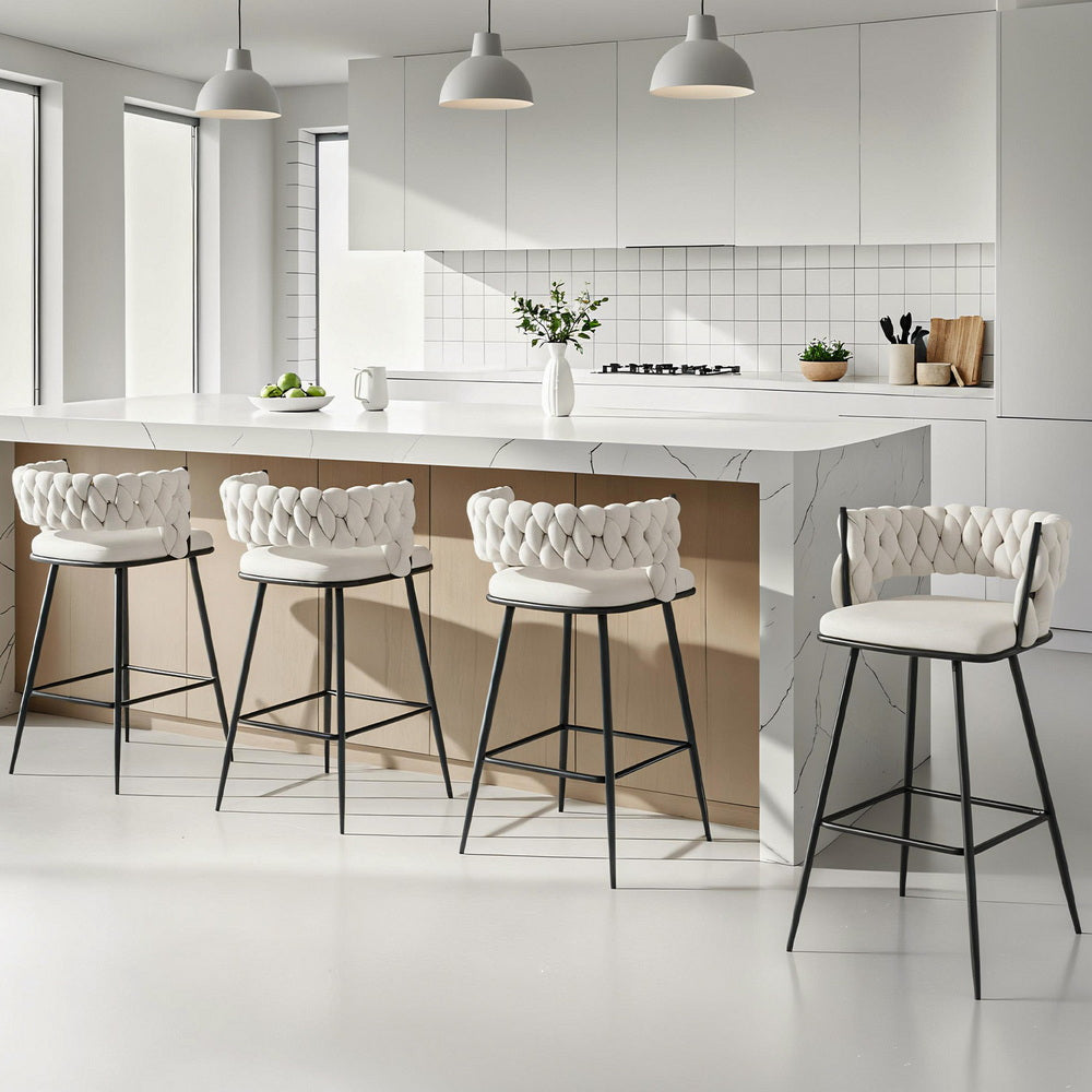Velvet Bar Stools Set of 4 – Woven Design, Ivory Metal Frame