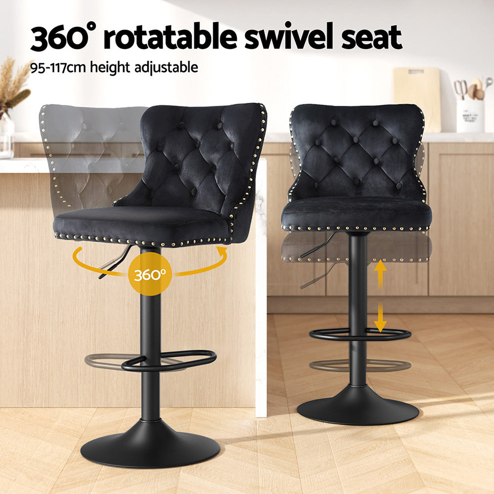 TWSC 2x Velvet Bar Stool Adjustable Height Nailhead Trim Kitchen Counter Stool