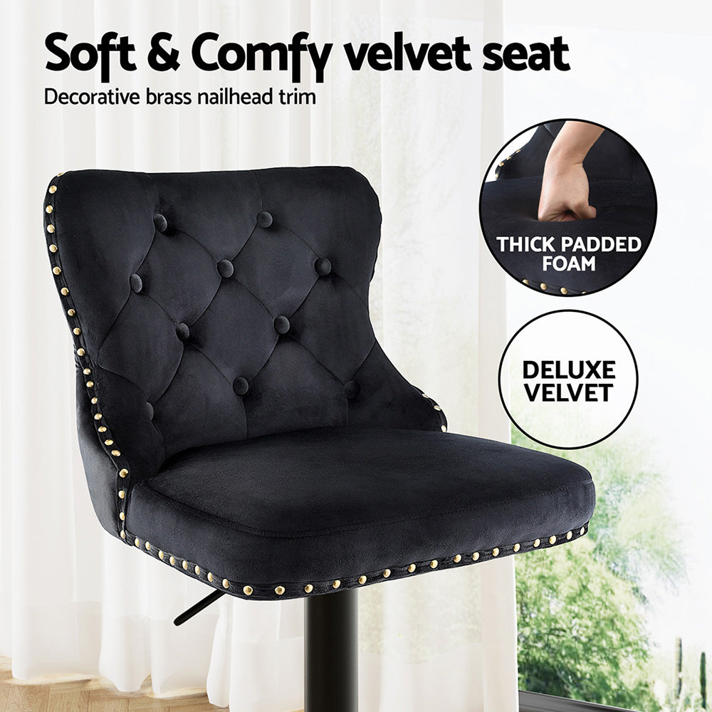 TWSC 2x Velvet Bar Stool Adjustable Height Nailhead Trim Kitchen Counter Stool