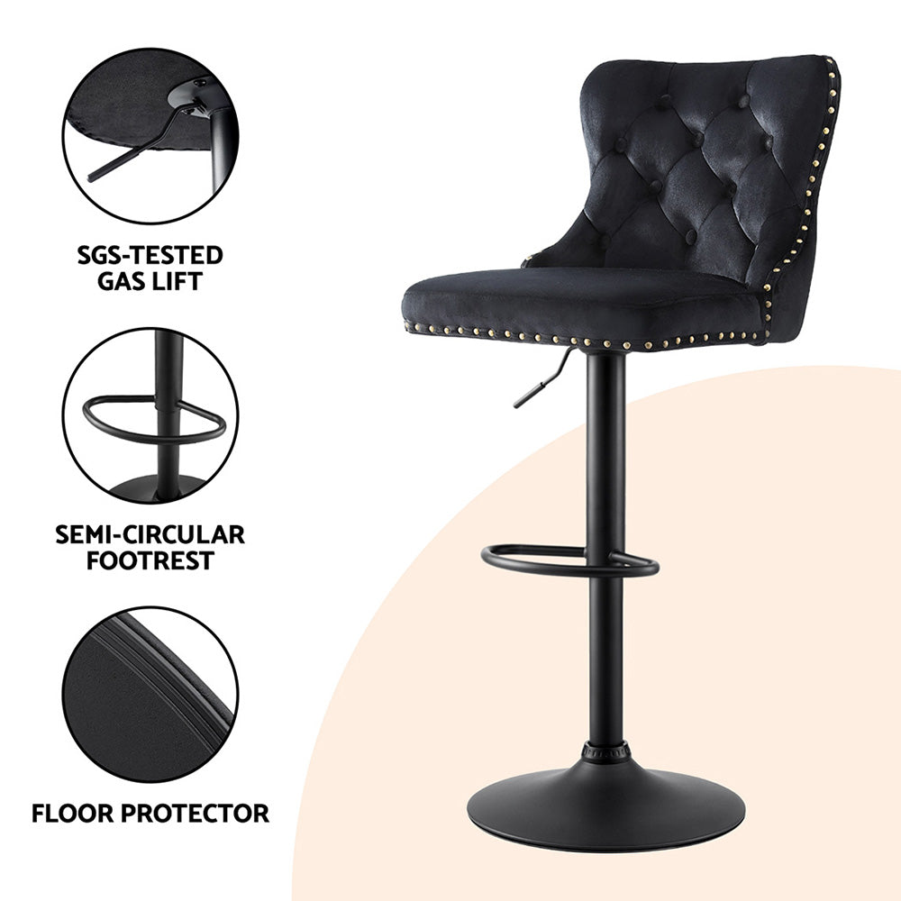 TWSC 2x Velvet Bar Stool Adjustable Height Nailhead Trim Kitchen Counter Stool