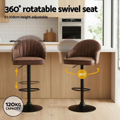 TWSC 2x Bar Stools Kitchen Swivel Gas Lift Counter Chair Shell Leather Brown
