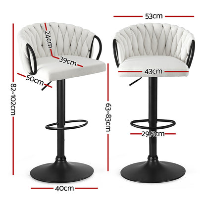 TWSC Bar Stool x2 Kitchen Dining Chair Counter Gaslift Woven Velvet Ivory