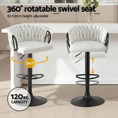 TWSC Bar Stool x2 Kitchen Dining Chair Counter Gaslift Woven Velvet Ivory