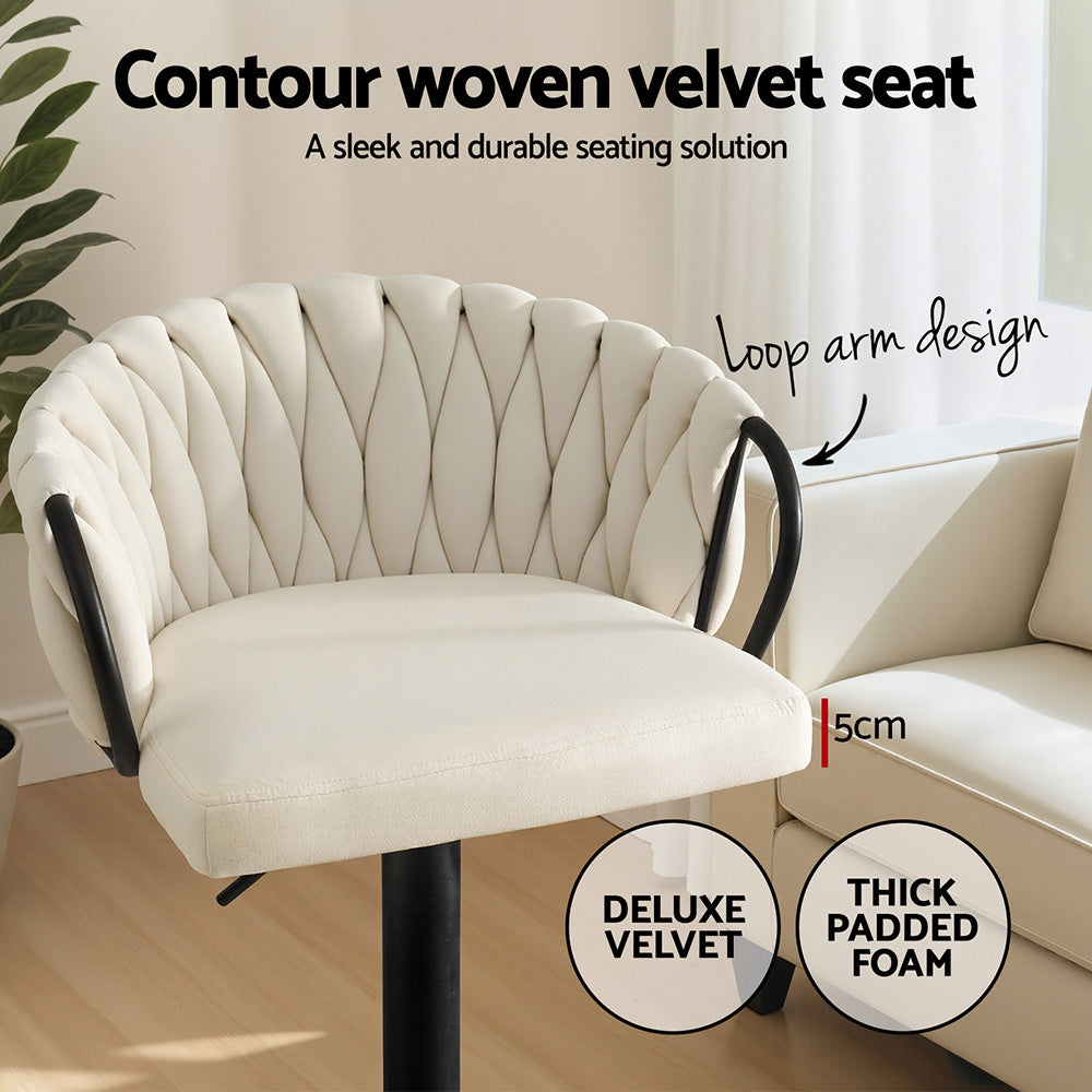 Bar Stool Set of 2 – Adjustable Velvet, Ivory