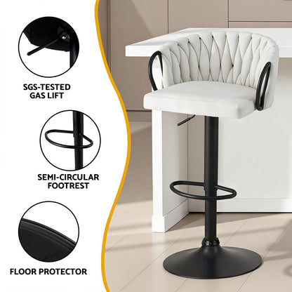 TWSC Bar Stool x2 Kitchen Dining Chair Counter Gaslift Woven Velvet Ivory