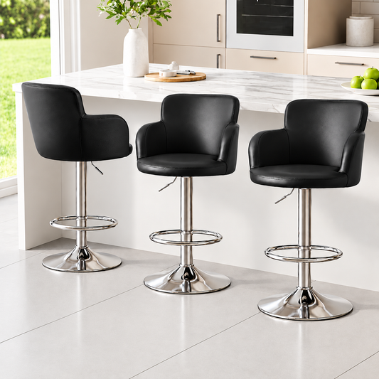 TWSC 3x Bar Stools Counter Chairs Swivel Adjustable Tub PU Leather Black