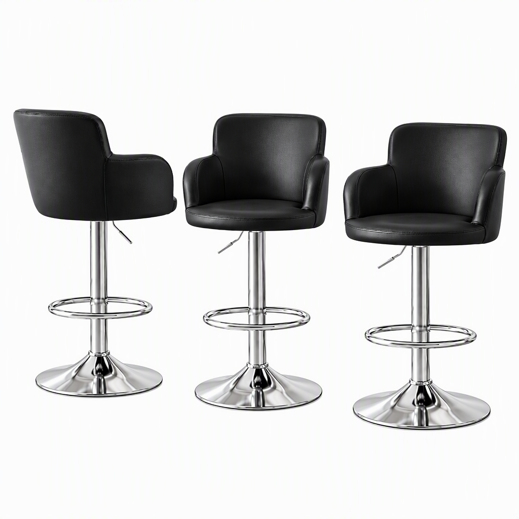 TWSC 3x Bar Stools Counter Chairs Swivel Adjustable Tub PU Leather Black