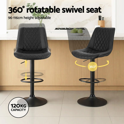 TWSC 2x Bar Stools Kitchen Swivel Gas Lift Counter Chair Diamond Leather Black