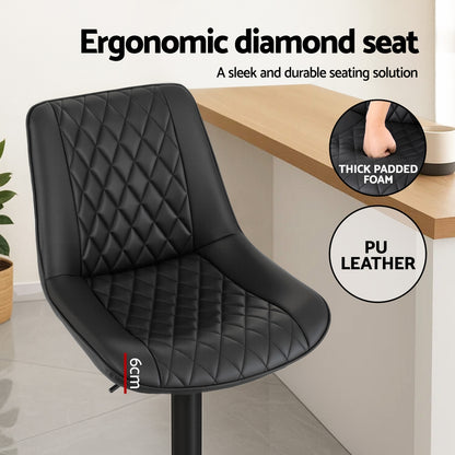 TWSC 2x Bar Stools Kitchen Swivel Gas Lift Counter Chair Diamond Leather Black