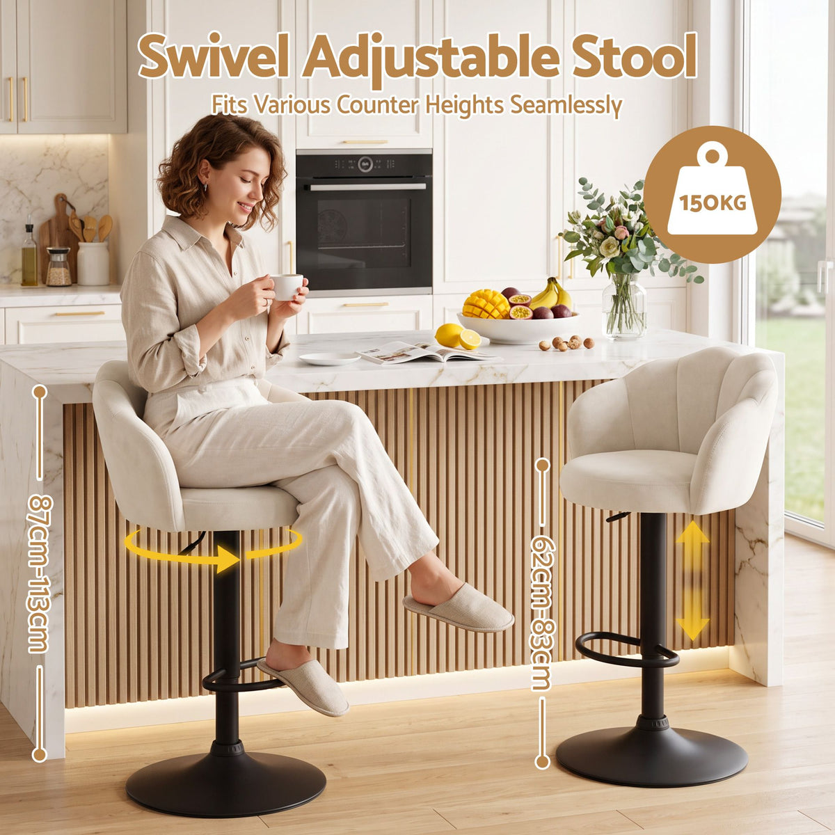 Artiss 4x Bar Stools Counter Chair Adjustable Shell Backrest Velvet Nessah Ivory