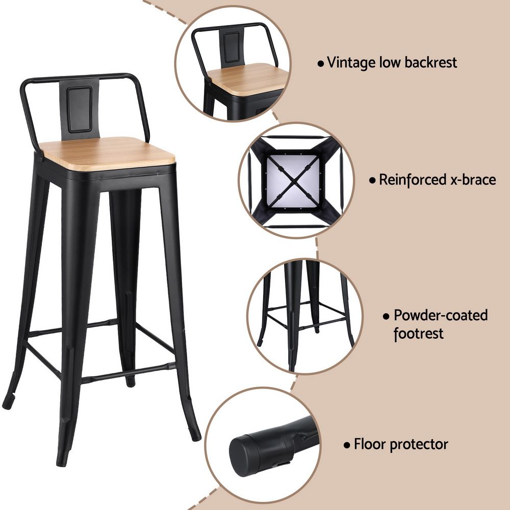 TWSC Metal Bar Stools Set of 2 Counter Height Barstools 77cm Seat Height w/ Removable Back