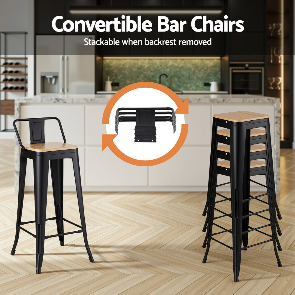 Bar Stools Set of 4 – Stackable Metal Frame, Black with MDF Seat