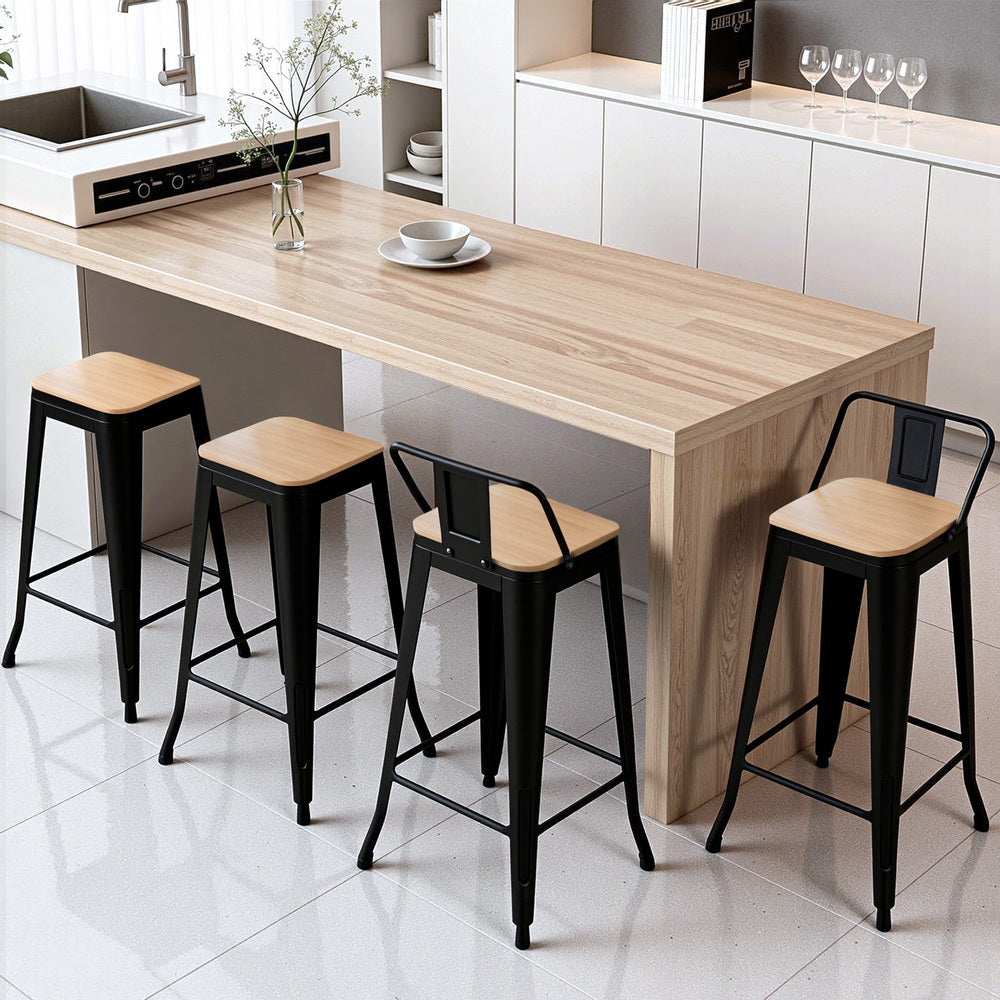 Bar Stools Set of 4 – Stackable Metal Frame, Black with MDF Seat