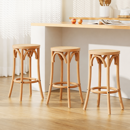 wooden bar stools set of 3 featuring beechwood frames and rattan seats, ideal for modern Australian kitchens.