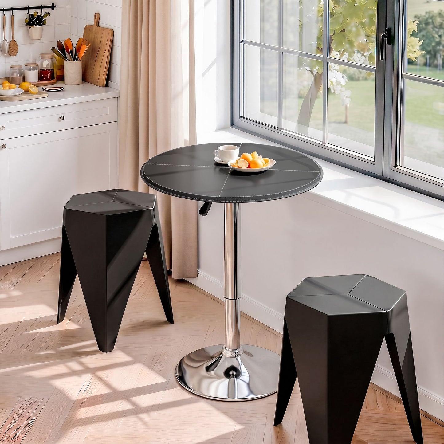 TWSC Bar Stools and Table Set 3PCS Dining Desk Kitchen Chair PVC Leather Black