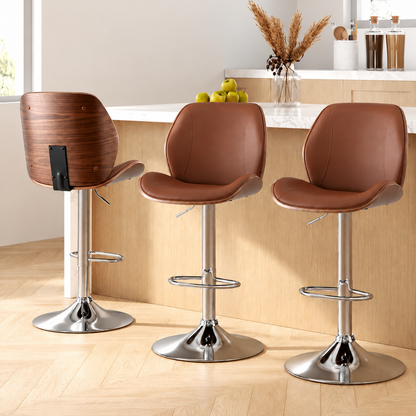 TWSC 3X Bar Stools Bentwood Adjustable Kitchen Counter Chair PU Leather Brown