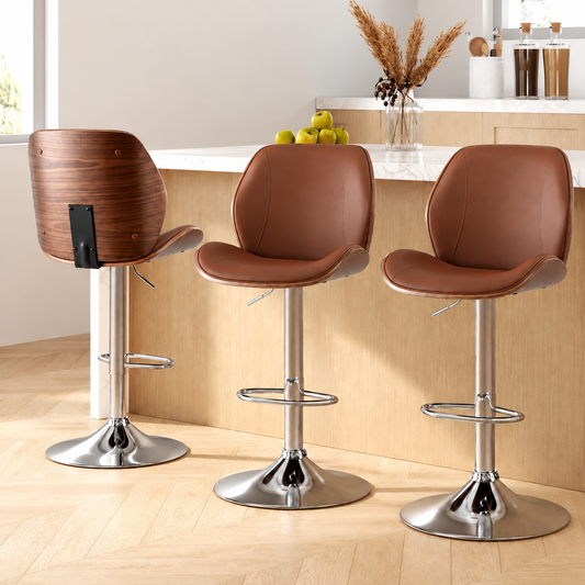TWSC 3X Bar Stools Bentwood Adjustable Kitchen Counter Chair PU Leather Brown