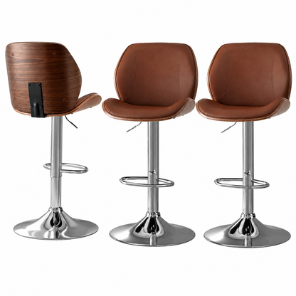 TWSC 3X Bar Stools Bentwood Adjustable Kitchen Counter Chair PU Leather Brown