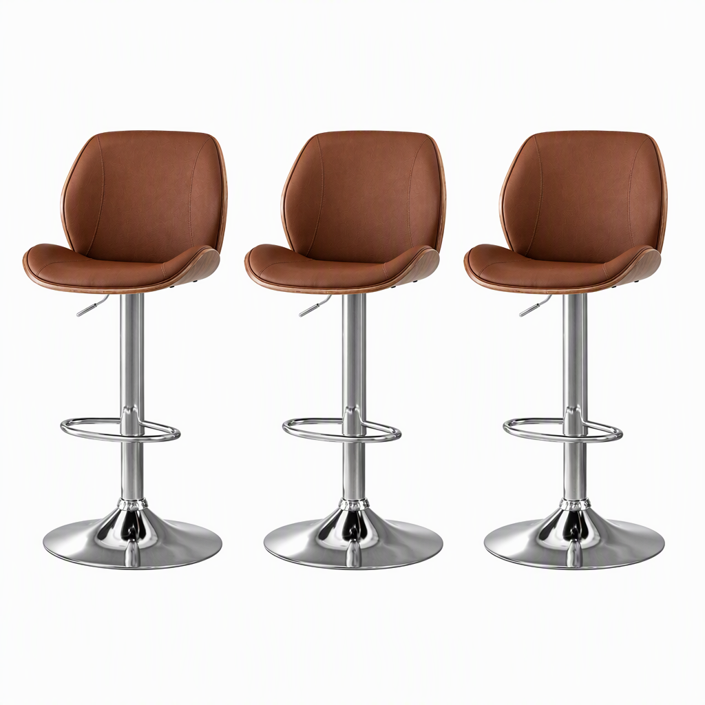 TWSC 3X Bar Stools Bentwood Adjustable Kitchen Counter Chair PU Leather Brown