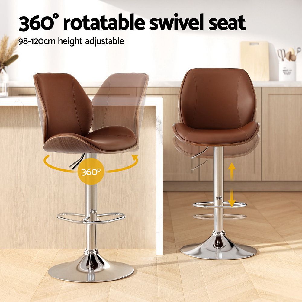 TWSC 3X Bar Stools Bentwood Adjustable Kitchen Counter Chair PU Leather Brown