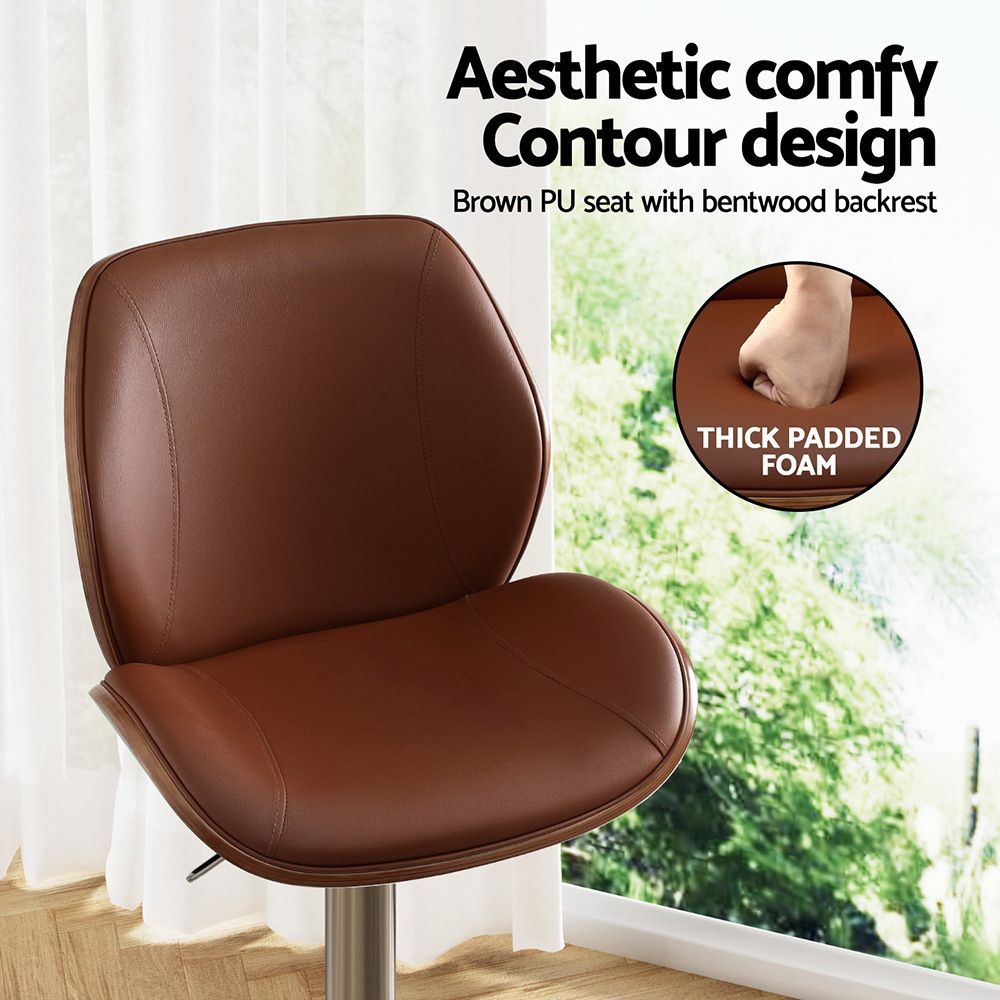 TWSC 3X Bar Stools Bentwood Adjustable Kitchen Counter Chair PU Leather Brown