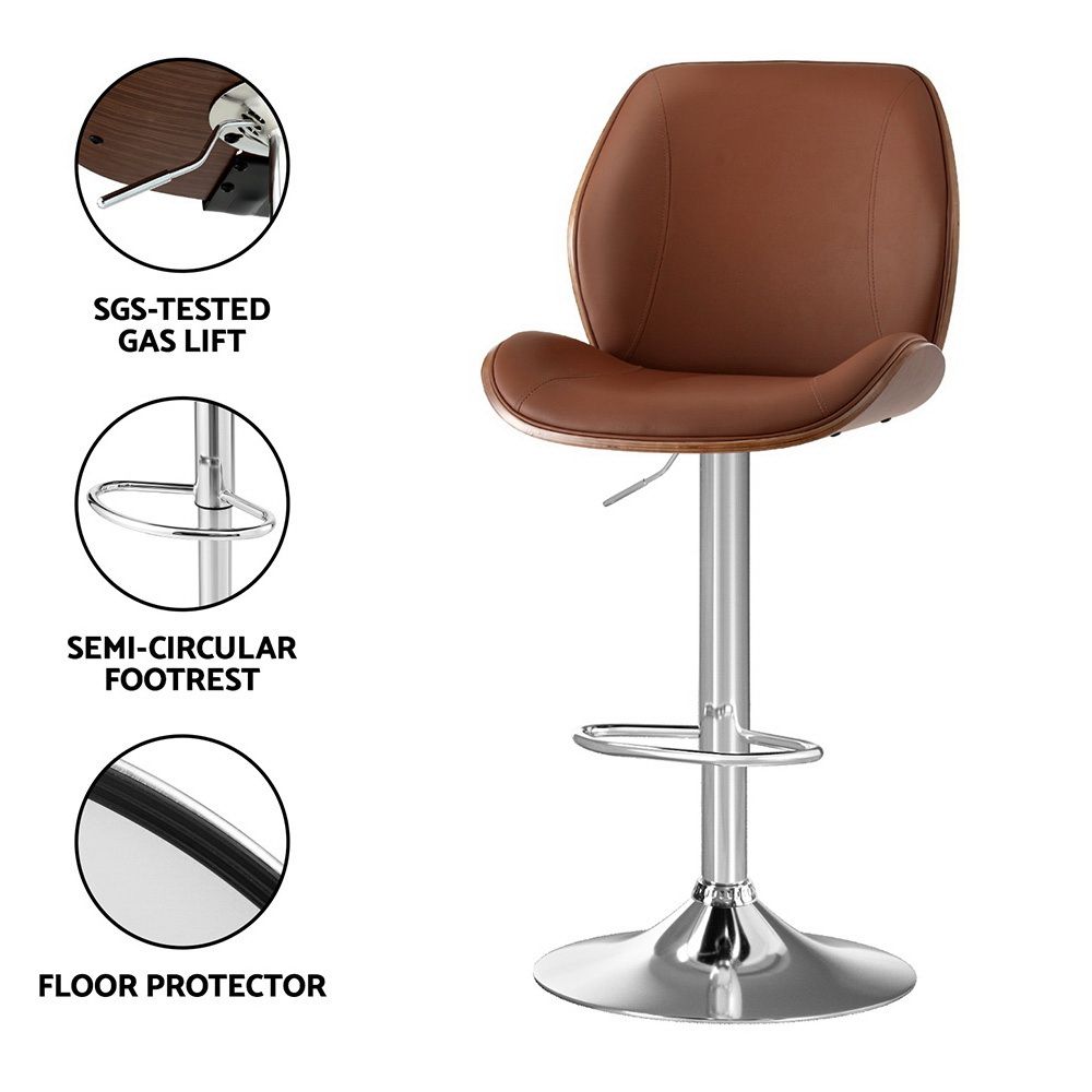 TWSC 3X Bar Stools Bentwood Adjustable Kitchen Counter Chair PU Leather Brown