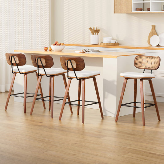 PU leather rattan bar stools in a modern kitchen with warm timber accents and natural light.