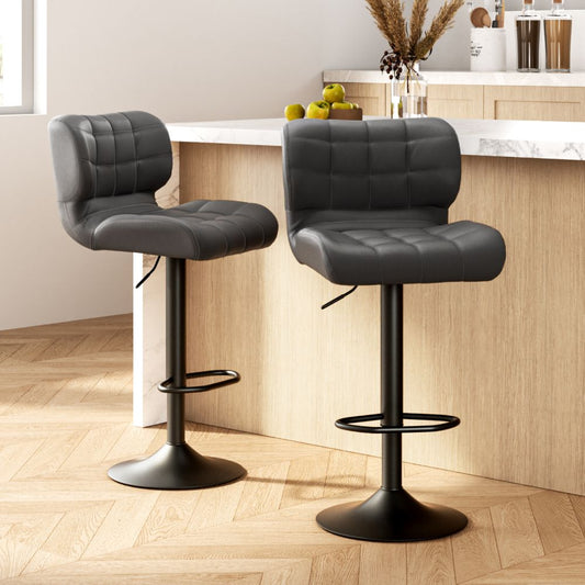TWSC 2x Bar Stools Gas Lift Leather Padded Grey