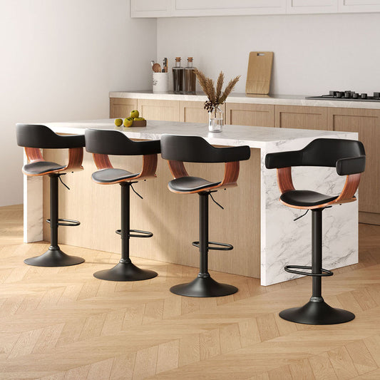 TWSC 4x Bar Stools Gas Lift Leather w/Armrest All Black