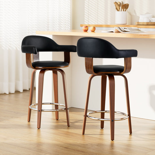 TWSC 2x Bar Stools Leather Seat Wooden Legs