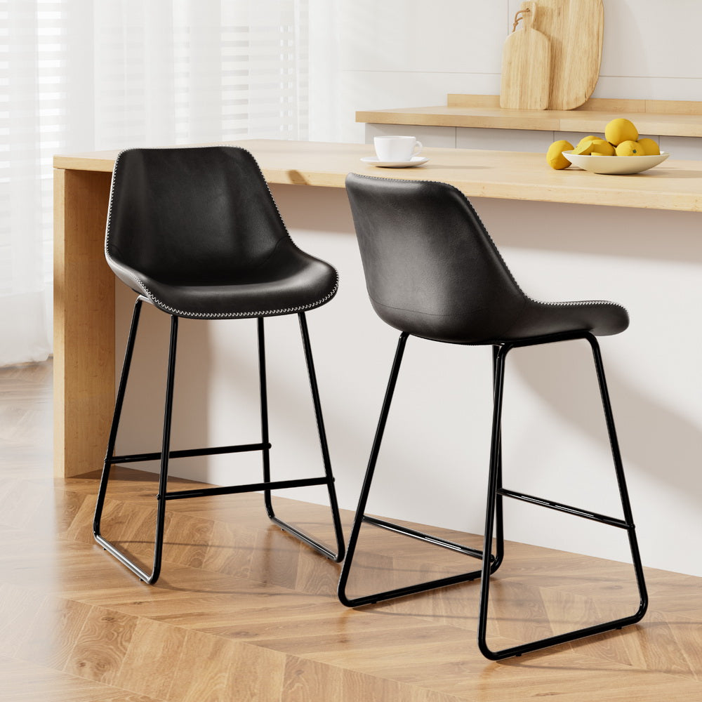TWSC Bar Stools Kitchen Counter Barstools Leather Metal Chairs Black x2