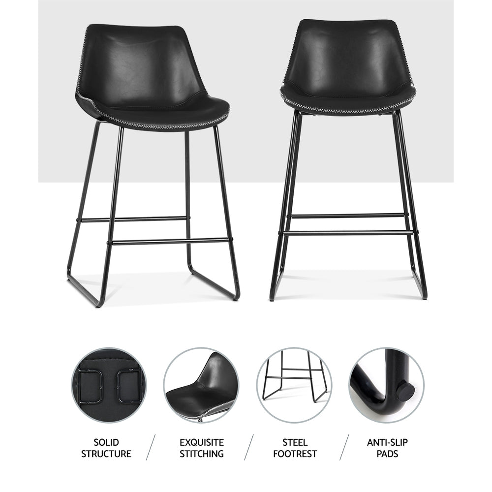 TWSC Bar Stools Kitchen Counter Barstools Leather Metal Chairs Black x2