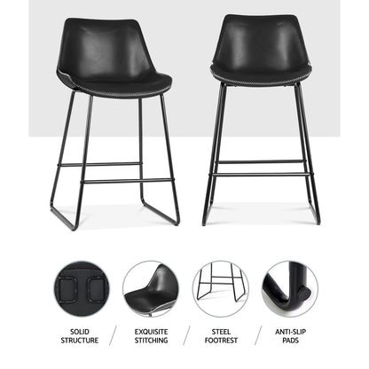 TWSC Bar Stools Kitchen Counter Barstools Leather Metal Chairs Black x2