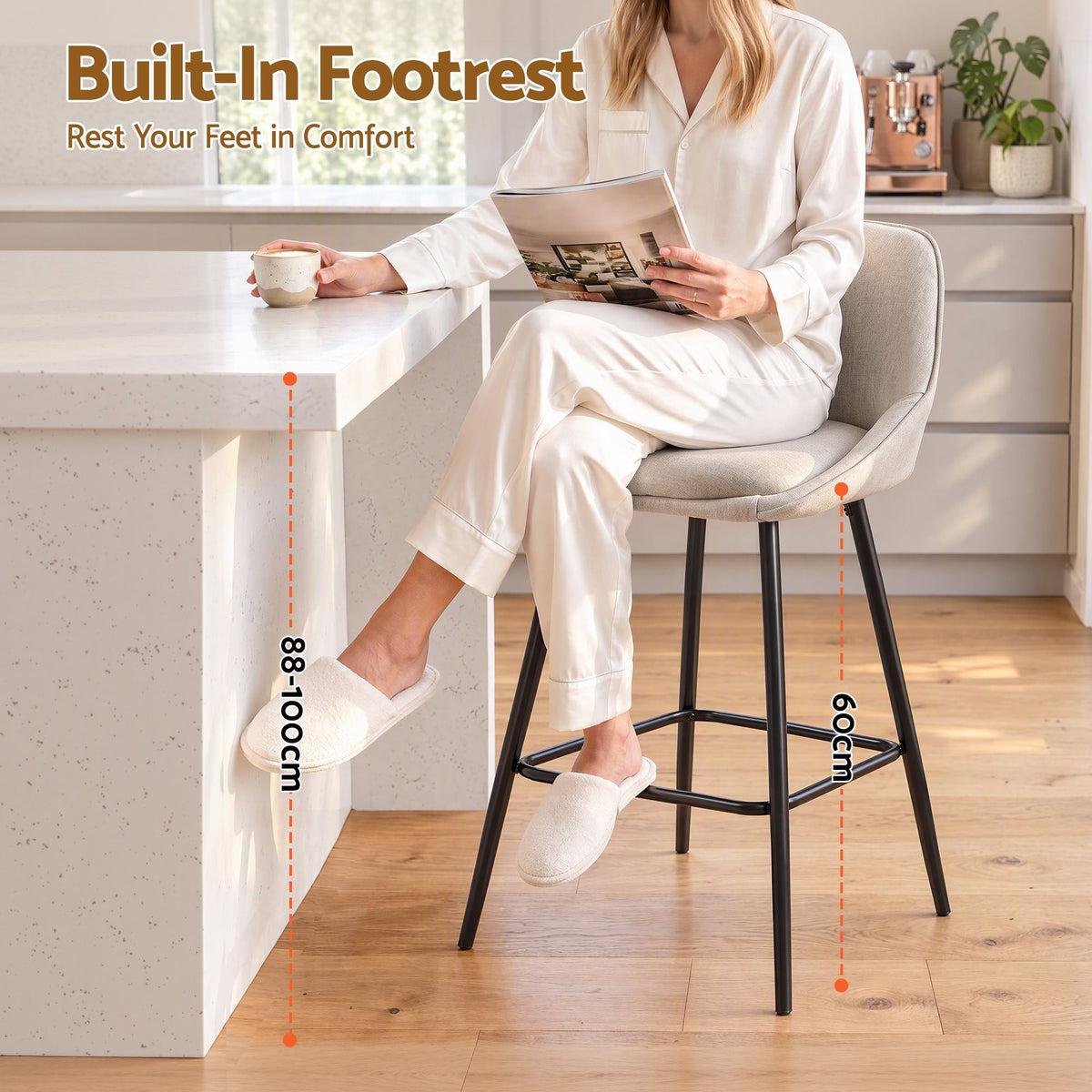 TWSC 60cm Linen Counter Stools, Beige – Set of 2 — footrest and seated-use infographic