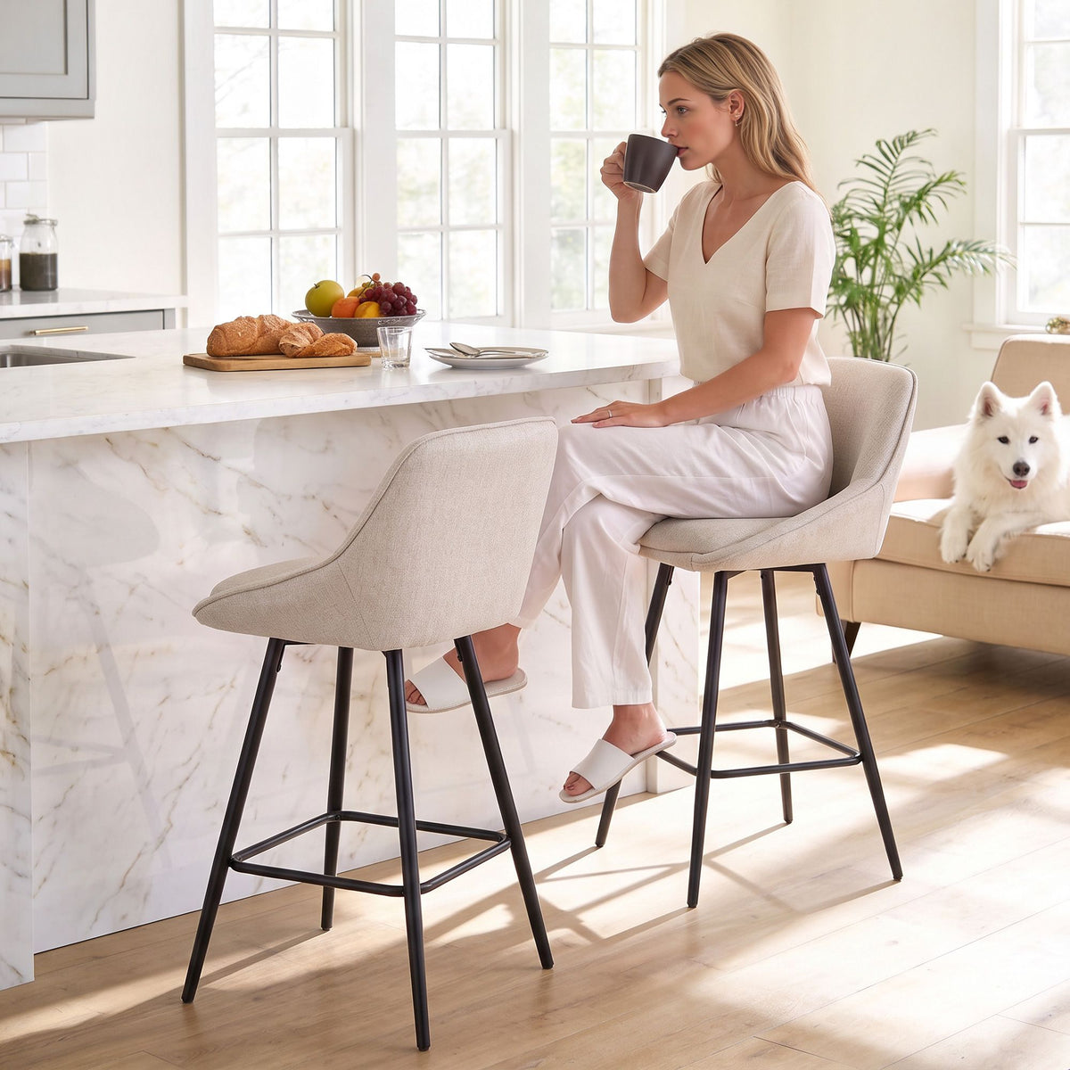 TWSC 60cm Linen Counter Stools, Beige – Set of 2 — stools in use at a kitchen counter