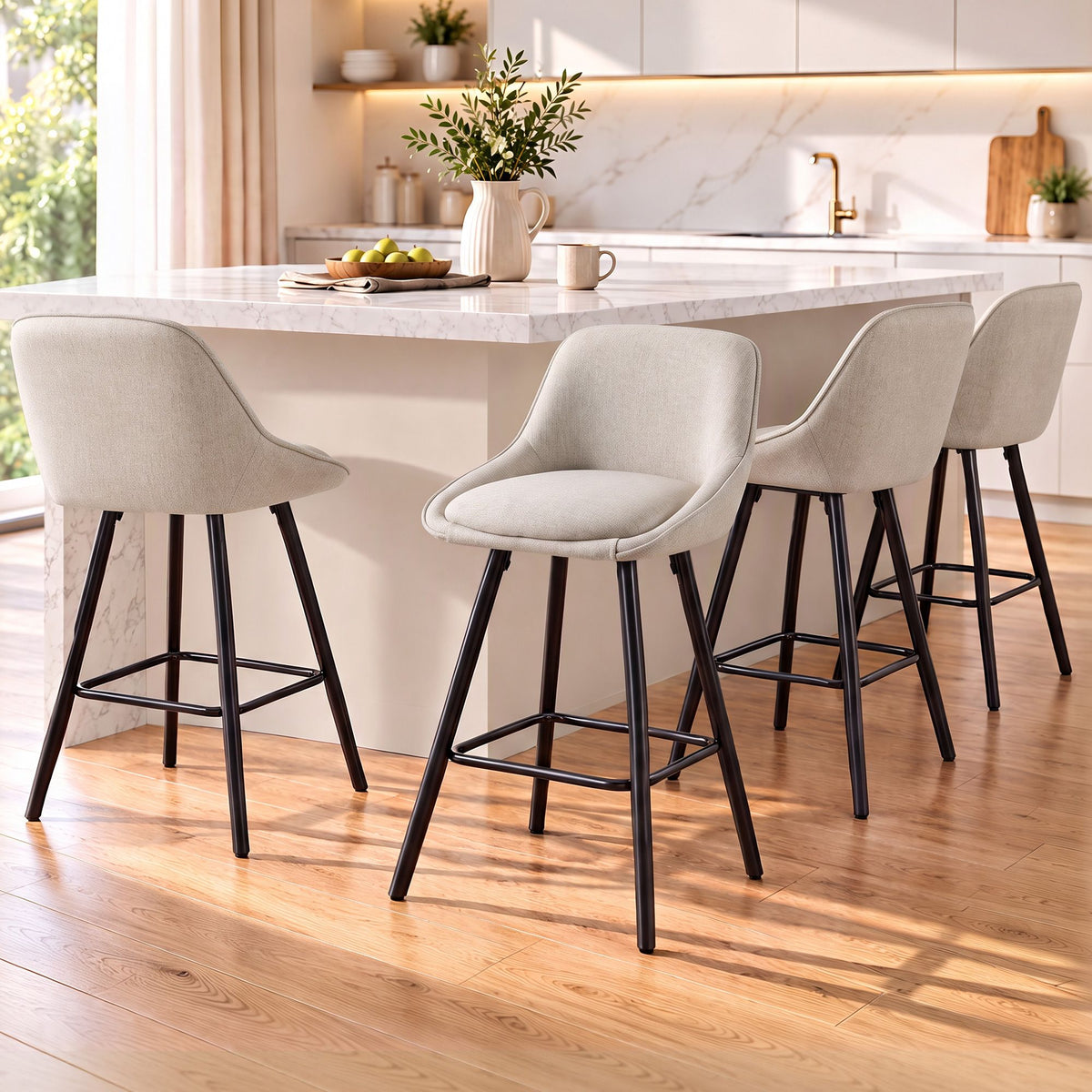 TWSC 60cm Linen Counter Stools, Beige – Set of 4 — kitchen-counter lifestyle setting