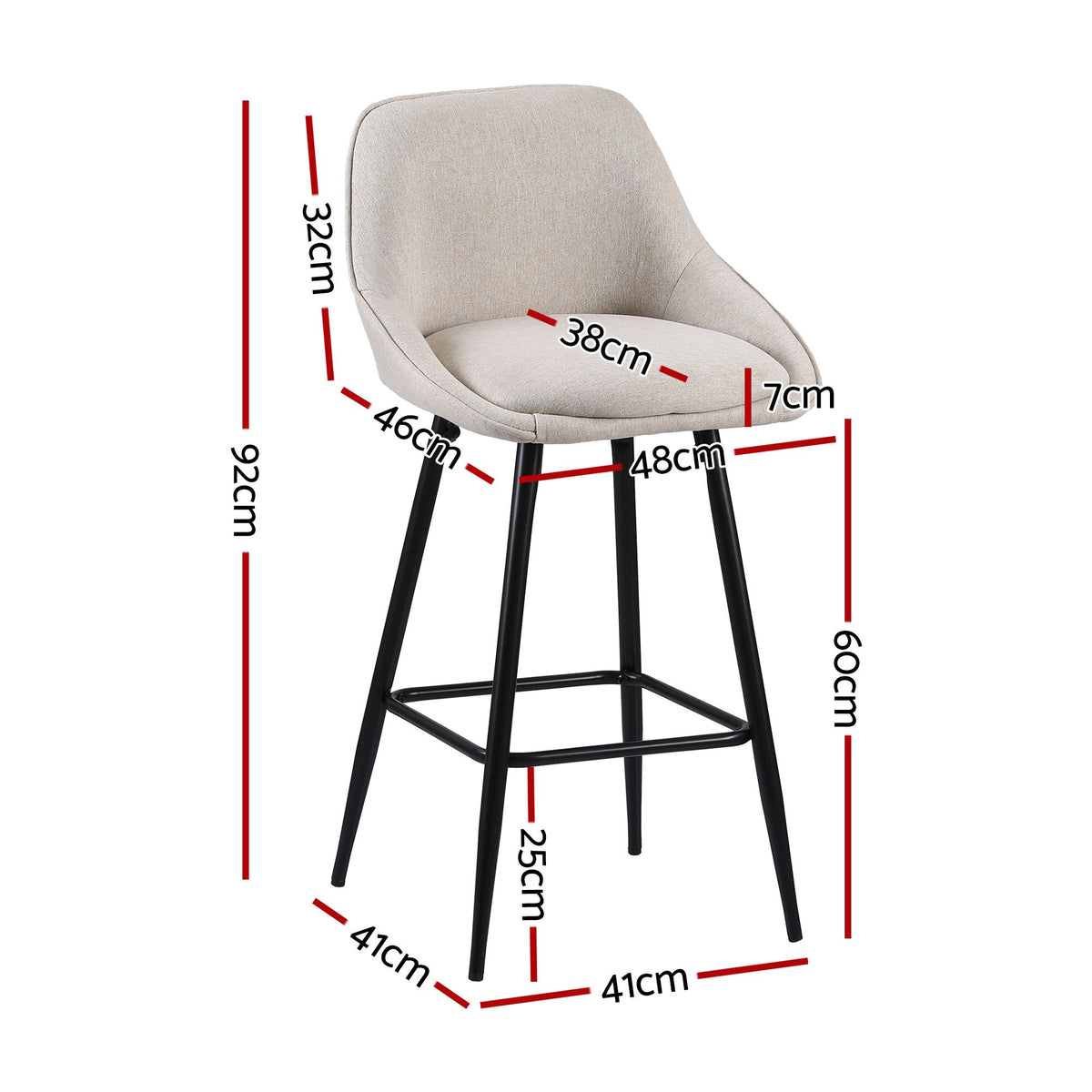 TWSC 60cm Linen Counter Stools, Beige – Set of 4 — seat-height and overall-dimension diagram