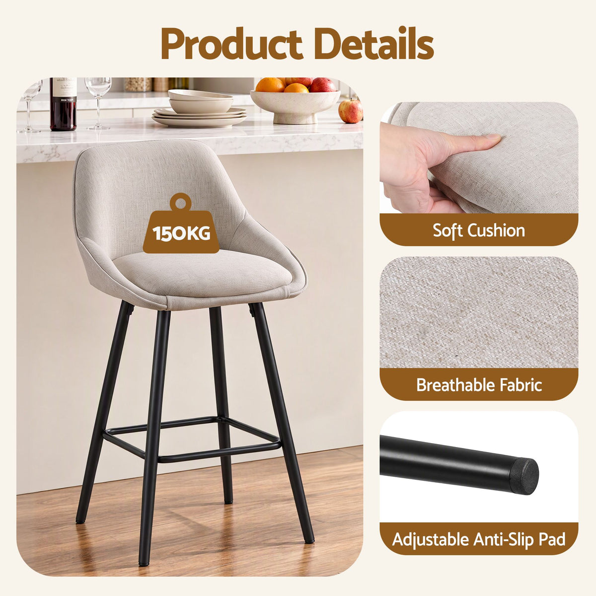 TWSC 60cm Linen Counter Stools, Beige – Set of 4 — seat, frame and adjustable foot-pad details