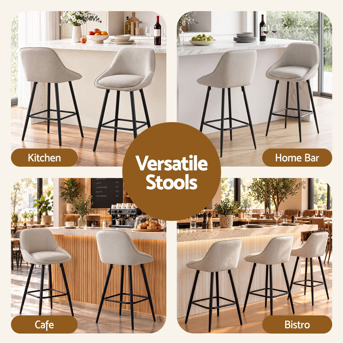 TWSC 60cm Linen Counter Stools, Beige – Set of 4 — collage of kitchen, home-bar, cafe and bistro settings