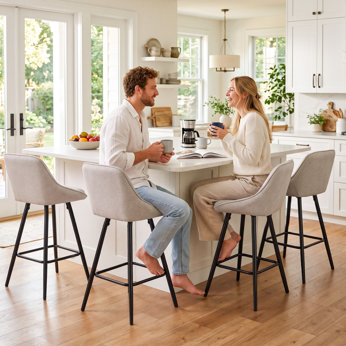TWSC 60cm Linen Counter Stools, Beige – Set of 4 — stools in use at a kitchen counter